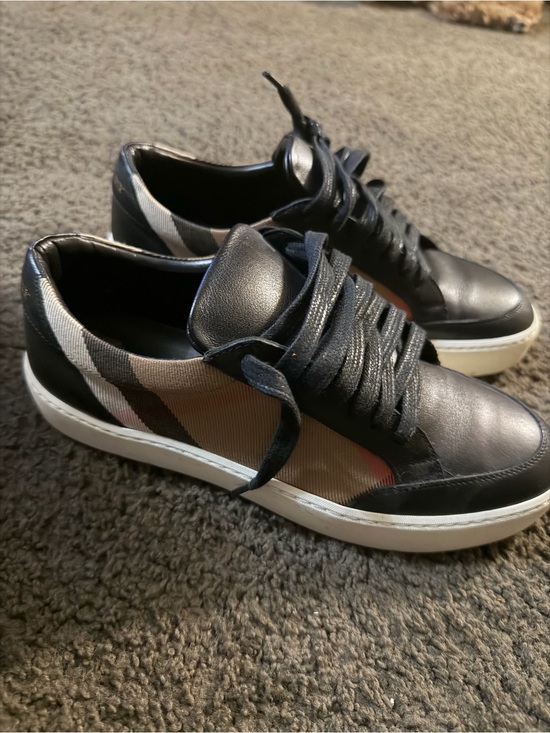 Burberry Shoes - Burberry Black Leather Low-Top Sneakers with Beige Check Accents